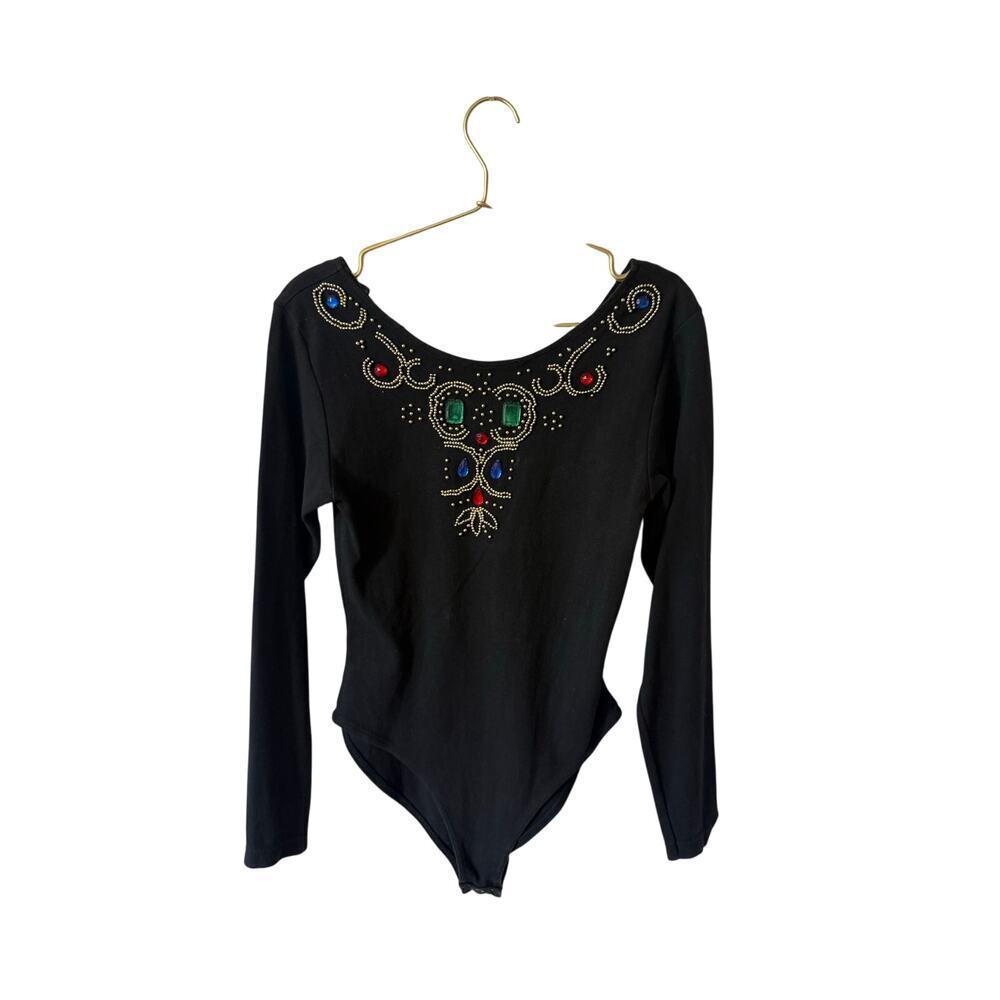 Vintage leotard bodysuit black embellished 80s colorful